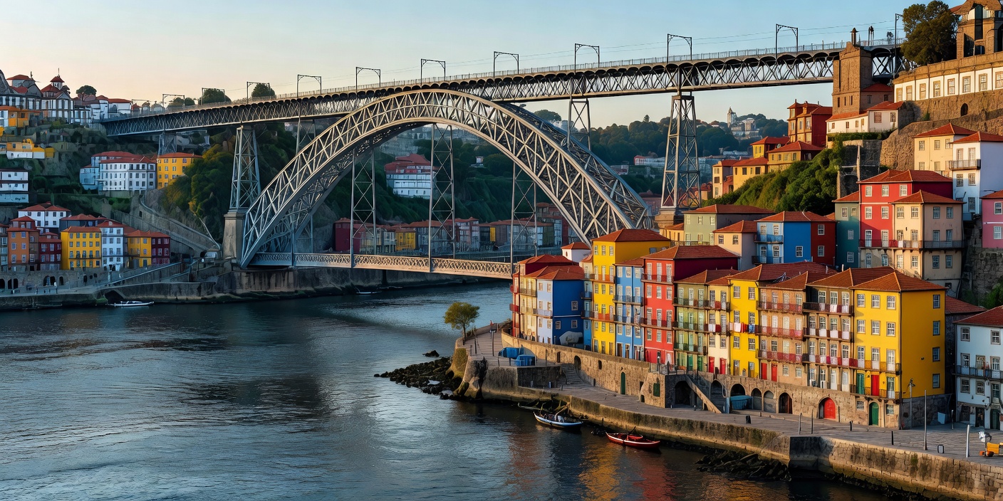 Dom Luis I Bridge over the Douro River in Porto with colorful Ribeira buildings