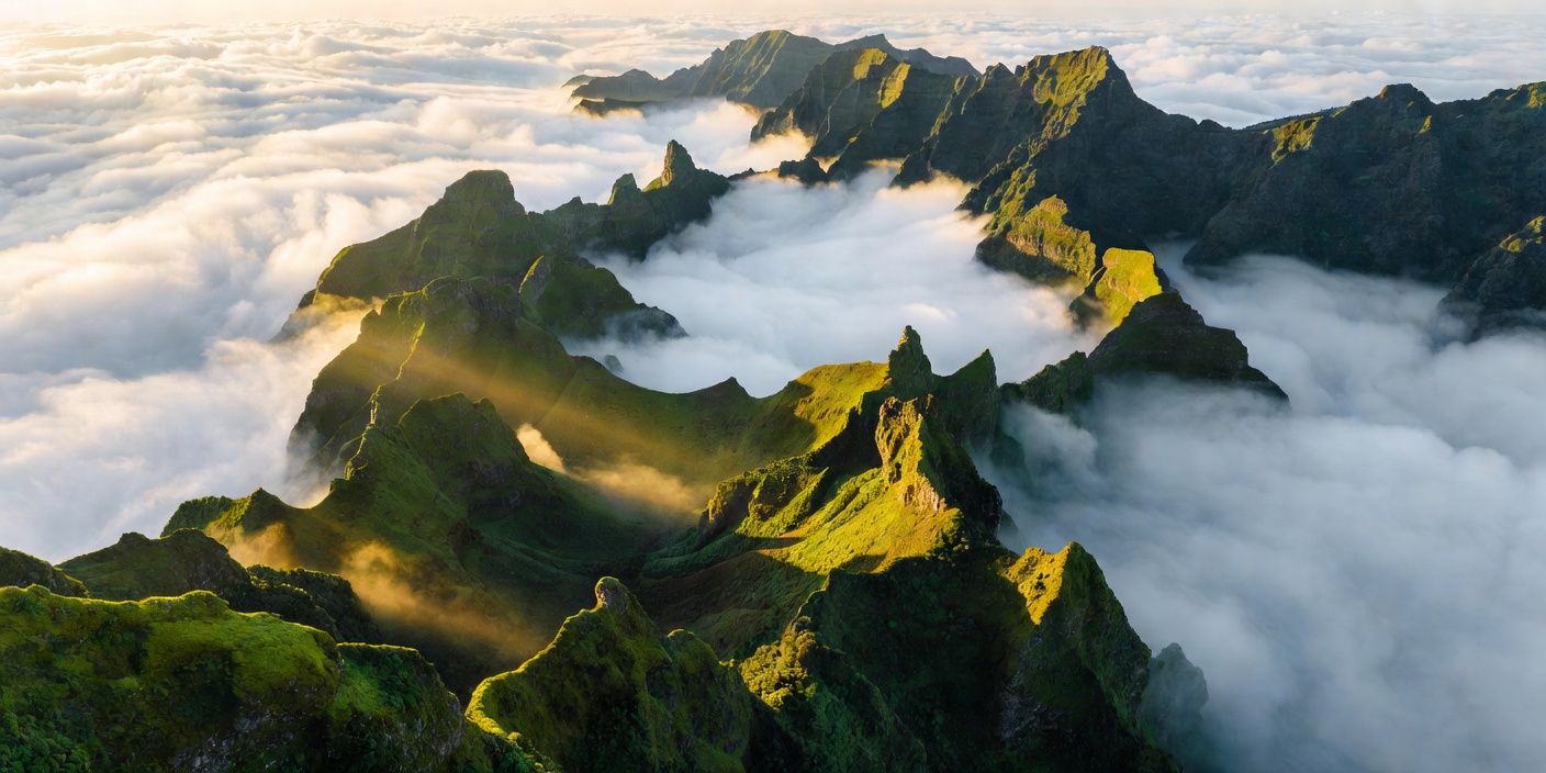 Dramatic emerald volcanic mountain ridges above the clouds in Madeira