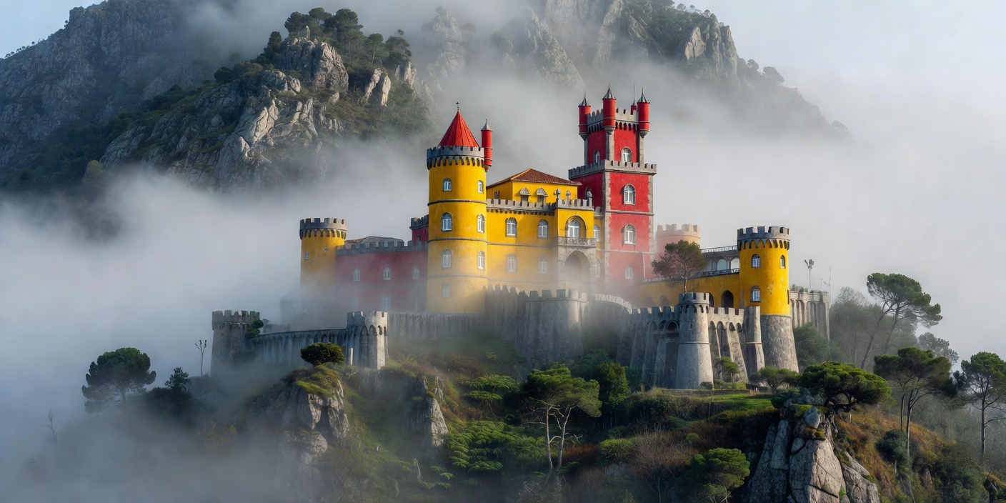 Pena Palace colorful yellow and red turrets perched atop Sintra mountain mist