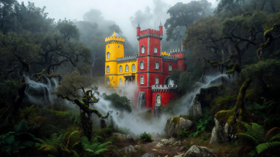 Pena Palace vibrant yellow and red towers surrounded by misty forest in Sintra
