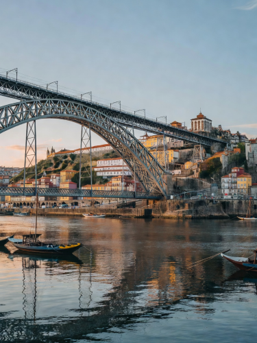 Porto Ribeira waterfront along Douro River with historic bridge