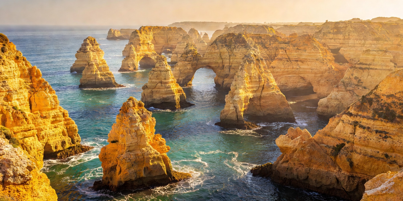 Sun drenched golden limestone cliffs and rock arches of Lagos Ponta da Piedade Algarve