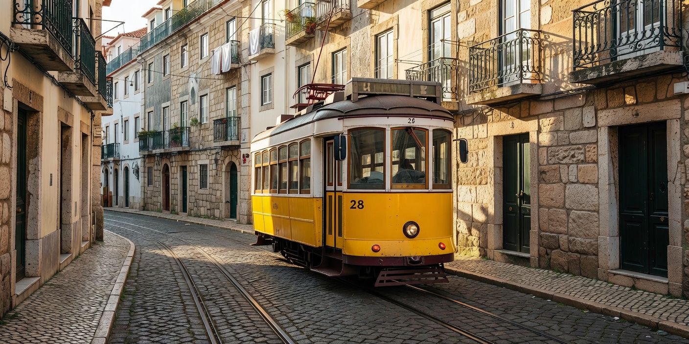 Yellow vintage tram 28 in Lisbon Alfama with historic stone architecture